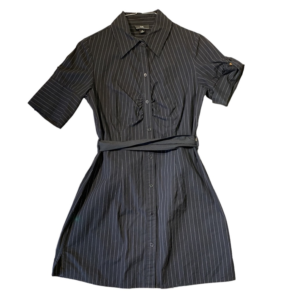 Black tshirt pinstripe dress 
Byer California